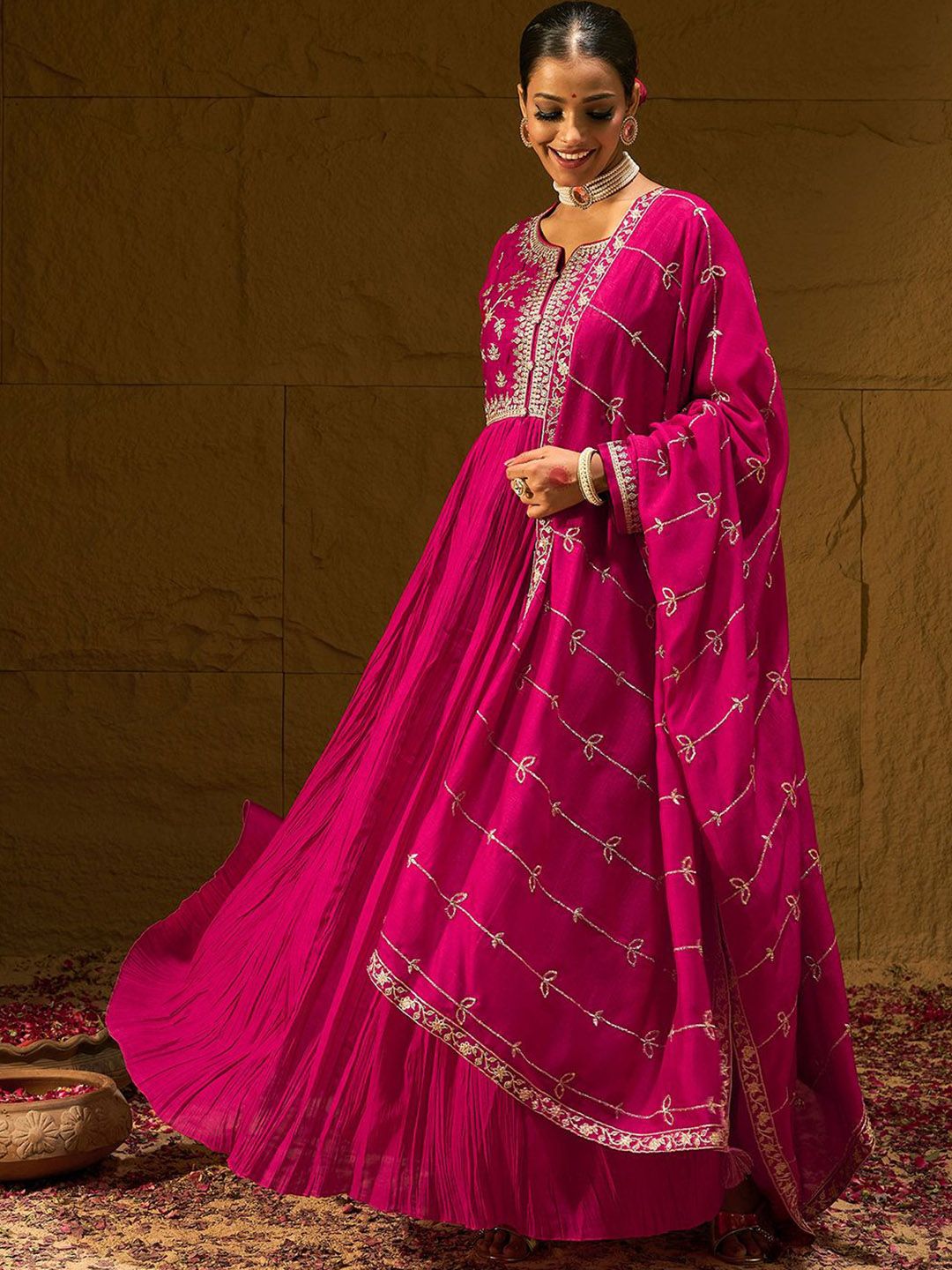 Floral Embroidered Notched Neck Pleated A-Line Kurta With Trousers & Dupatta