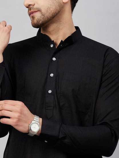 Men's Black Cotton Linen Pathani Pathani Kurta Set