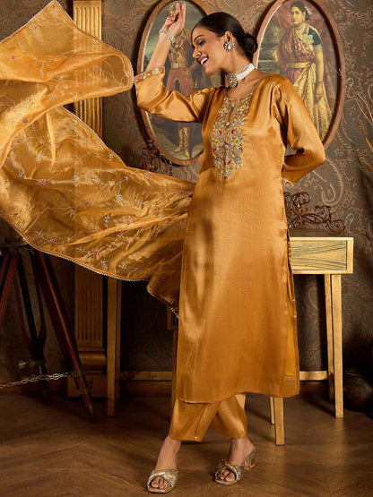 Dhiyona IE Floral Embroidered Thread Work Liva Straight Kurta with Trouser & Dupatta