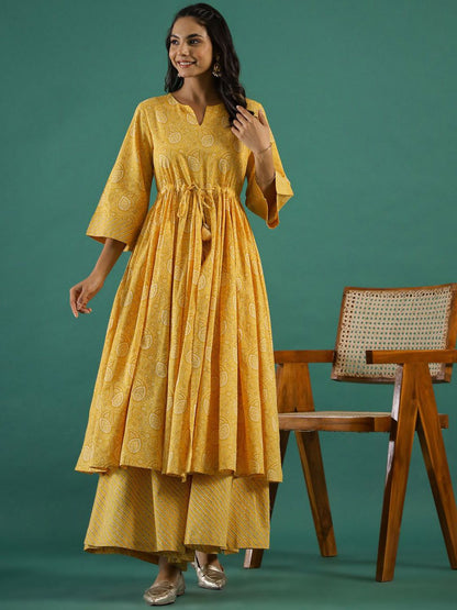 Dhiyona SN Women's Yellow Bandhani Printed Notch Neck Empire Anarkali Pure Cotton Kurta With Palazzos