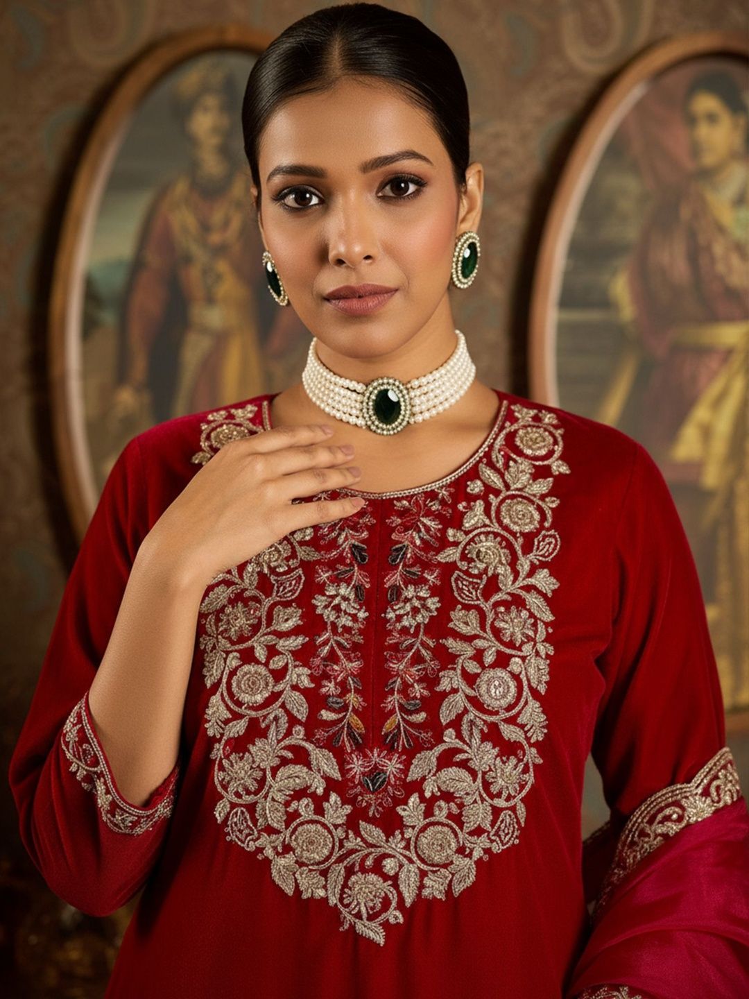 Embroidered Round Neck Thread Work Velvet Kurta With Trousers & Dupatta