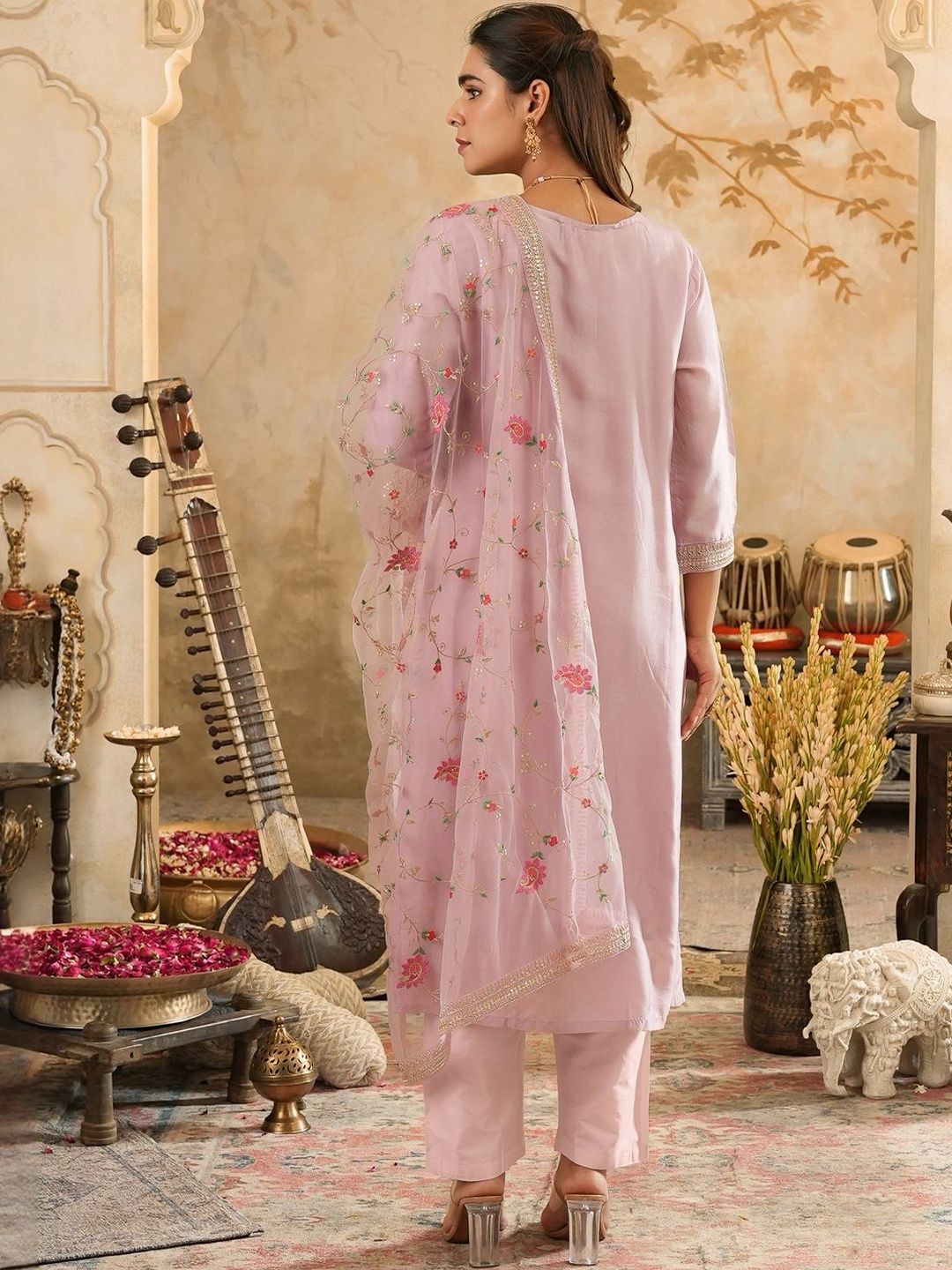 Ethnic Motifs Woven Design Zari Straight Kurta With Trousers & Dupatta