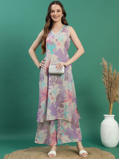 Dhiyona SN Women's Beige Floral Printed Mirror Work V-Neck Straight Kurta With Trousers