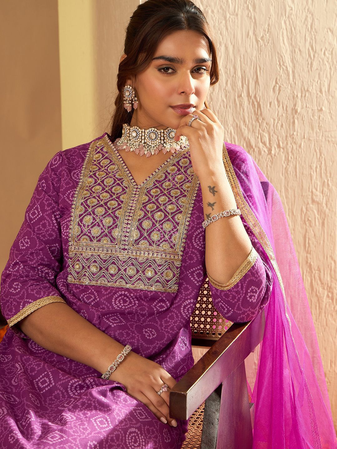 Bandhani Embroidered Sequinned Pure Cotton Straight Kurta With Trousers & Dupatta