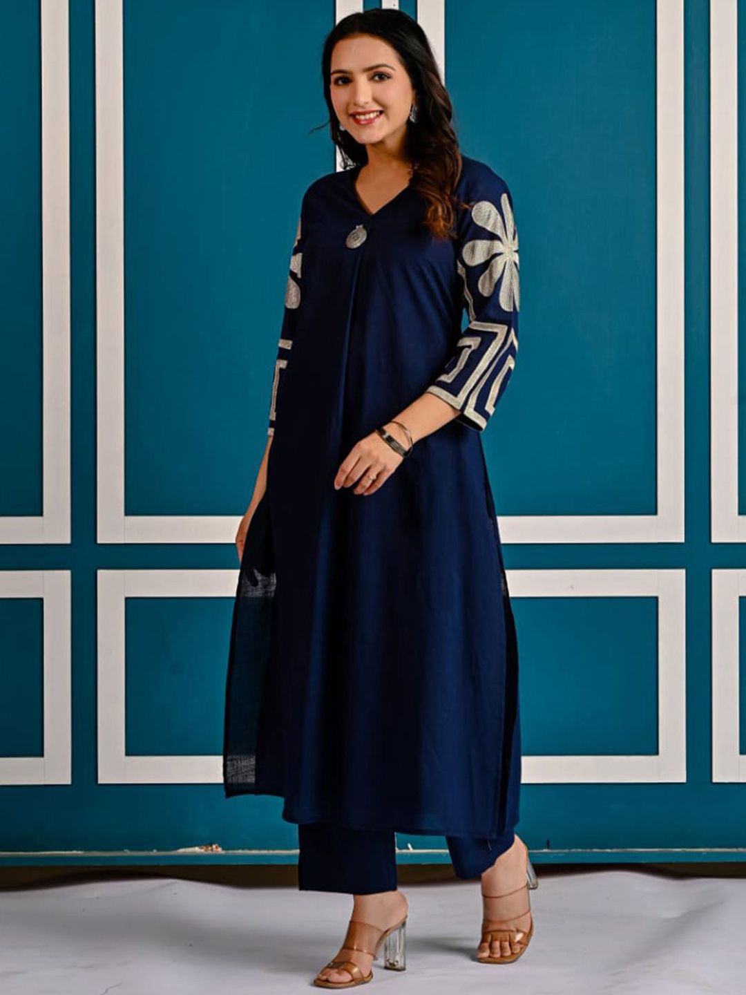 Dhiyona IE Embroidered Pure Cotton V-Neck Top With Trousers Co-Ords