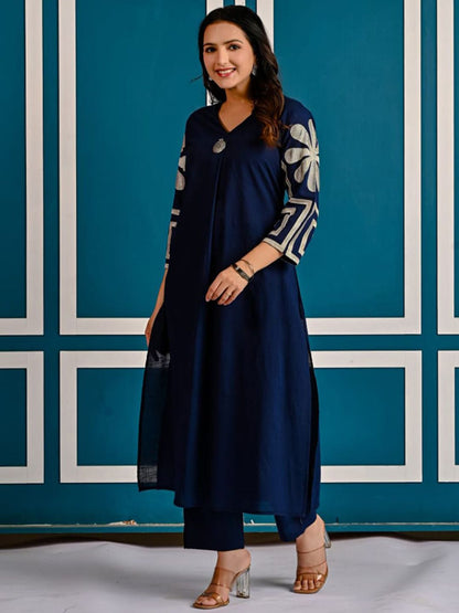 Dhiyona IE Embroidered Pure Cotton V-Neck Top With Trousers Co-Ords