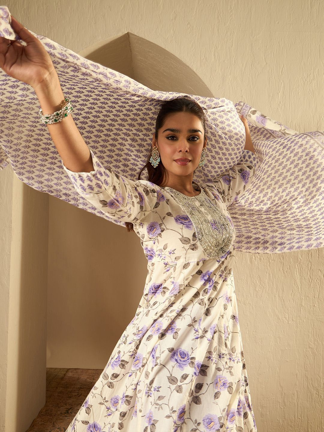 Dhiyona IE Floral Printed A-Line Sequinned Pure Cotton Kurta with Trousers & Dupatta