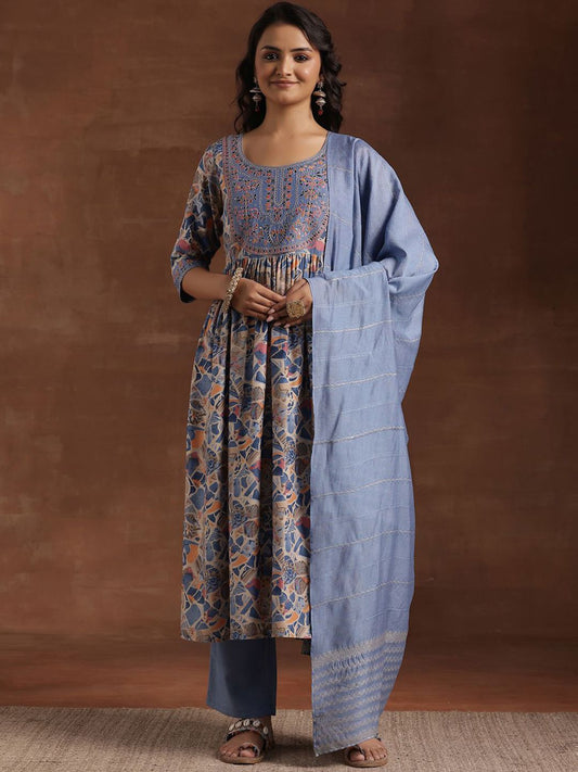 Dhiyona LB Women's Abstract Printed Pleated Anarkali Kurta With Trouser & Dupatta
