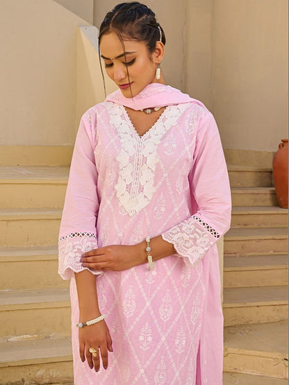 Women Ethnic Motifs Embroidered Regular Thread Work Pure Cotton Kurta with Trousers & With Dupatta
