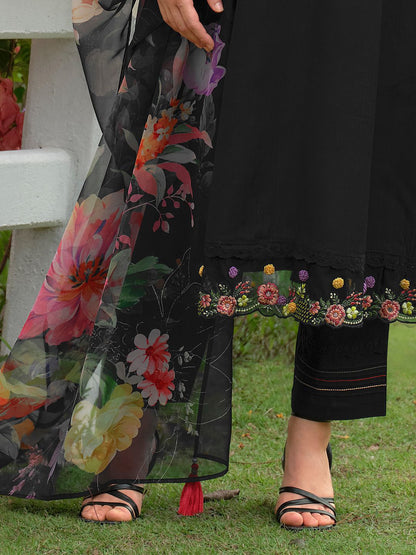 Floral Embroidered V-Neck Liva A-Line Kurta With Trousers & Dupatta