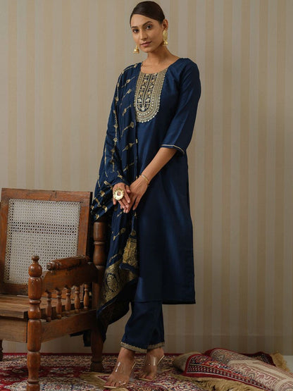 Dhiyona OD  Floral Yoke Design Silk Straight Kurta & Trousers With Dupatta