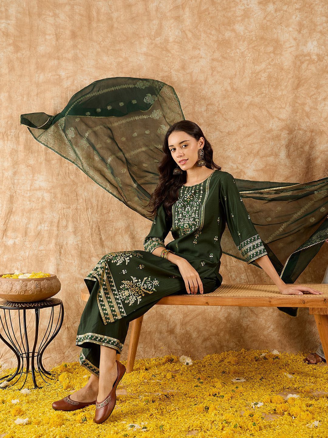 Ethnic Motifs Printed Straight Liva Kurta with Palazzos & Dupatta