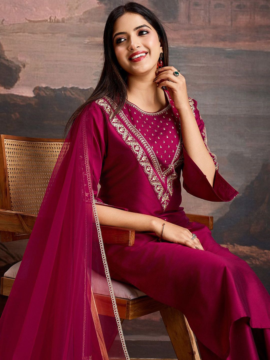 Dhiyona PD Women Embroidered Kurta & Trousers with Dupatta