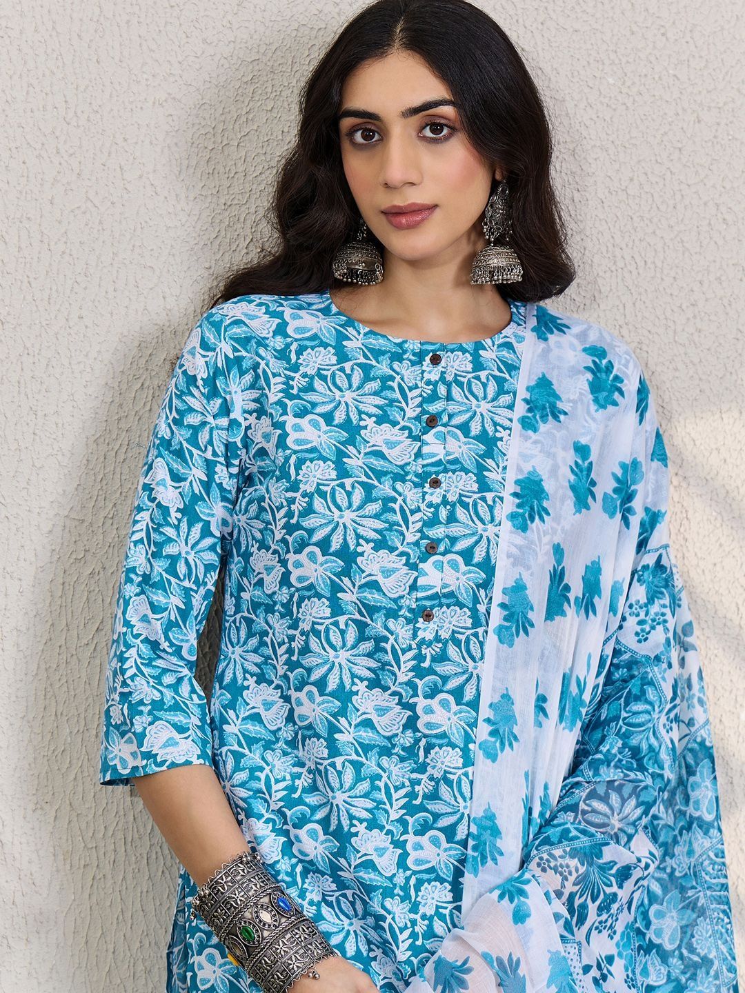 Women Floral Printed Regular Pure Cotton Kurta With Trousers & Dupatta