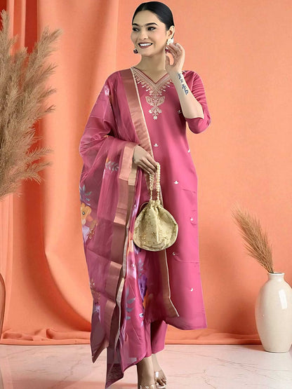 Dhiyona SN Women's Embroidered Pure Cotton Straight Kurta With Pyjama & Dupatta