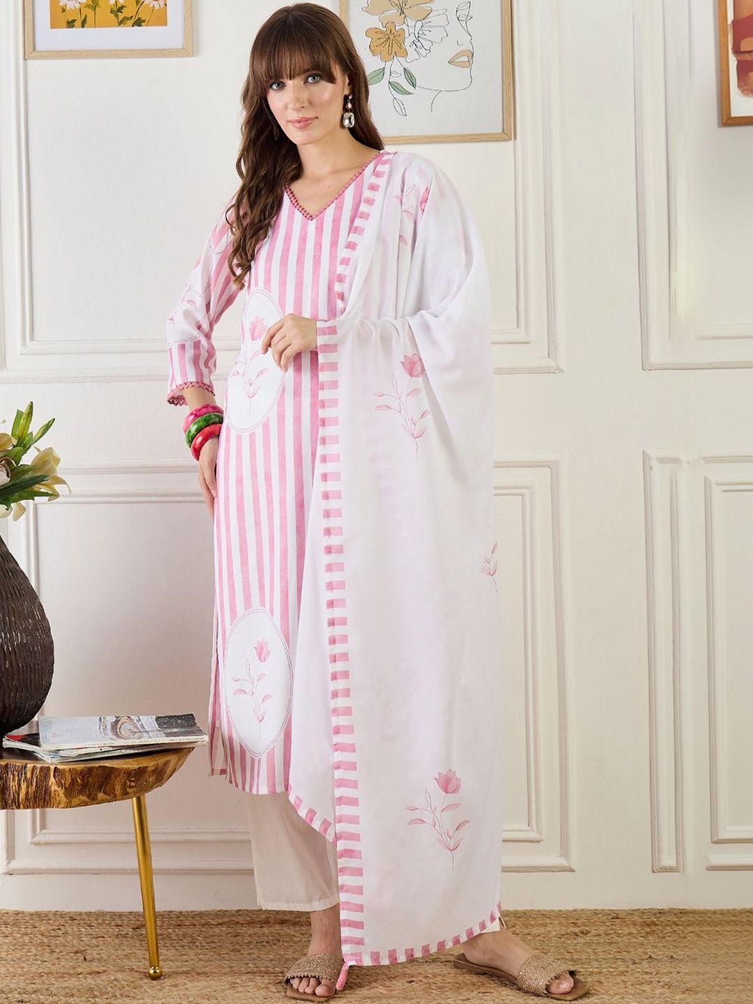 Women Striped Regular Linen Kurta with Trousers & With Dupatta