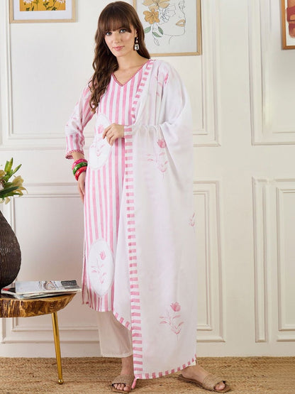 Women Striped Regular Linen Kurta with Trousers & With Dupatta