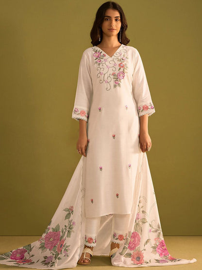 Floral Embroidered Thread Work Straight Kurta With Trouser And Dupatta