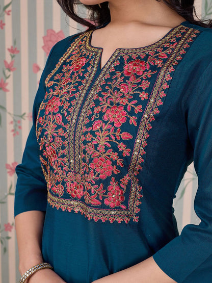 Dhiyona OD  Blue Ethnic Motifs Embroidered Zari Kurta With Trousers & Dupatta