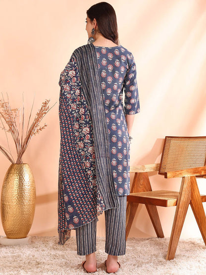 Dhiyona OD  Printed Thread Work Pure Cotton Kurta With Trousers & Dupatta