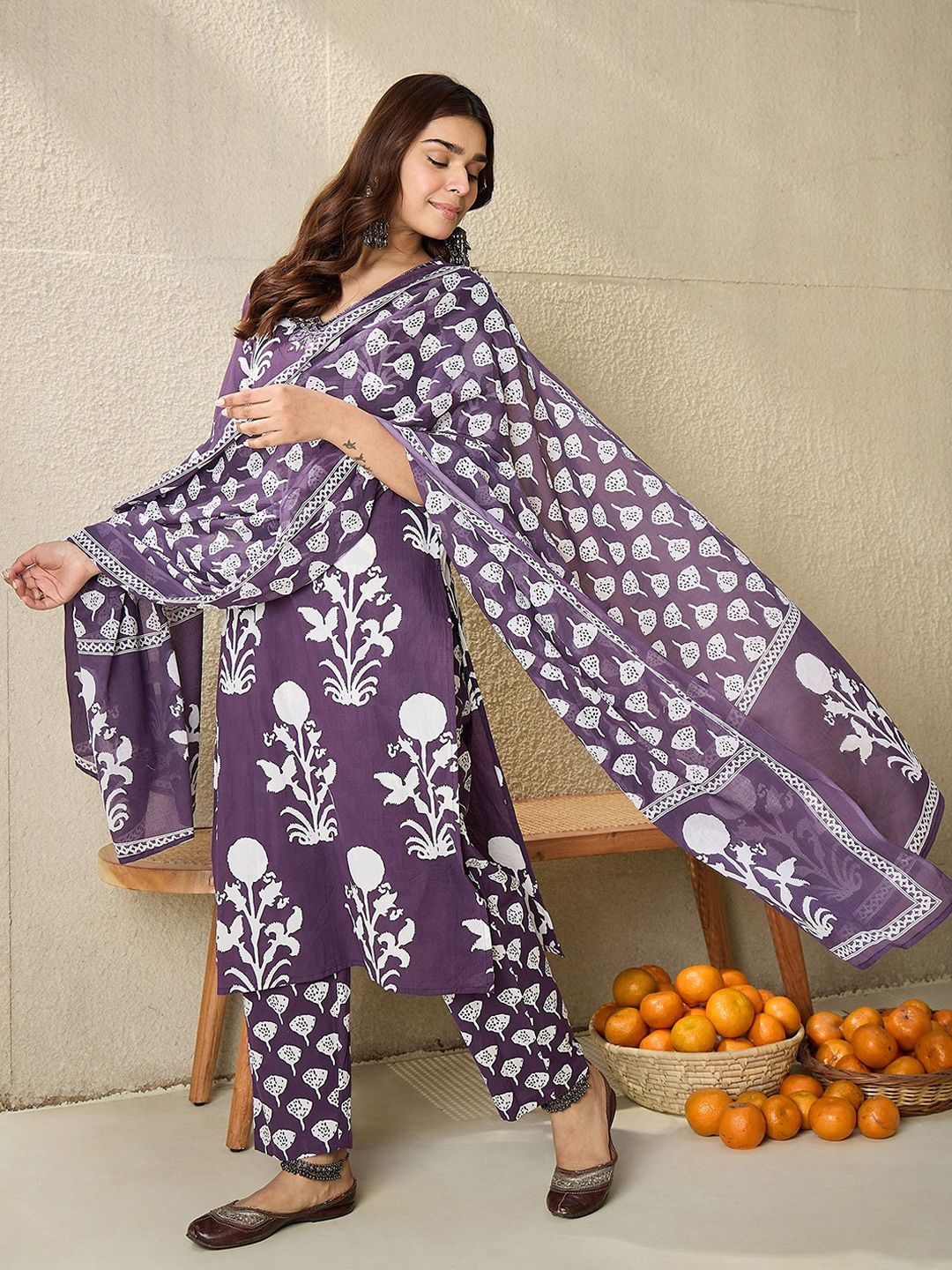 Women Ethnic Motifs Printed Mirror Work Pure Cotton Kurta with Trousers & Dupatta