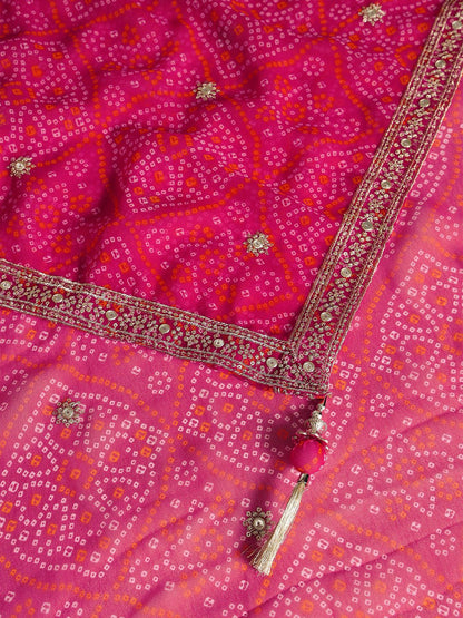 Dhiyona SO Women's Women Bandhani Embroidered Kurta with Sharara & Dupatta