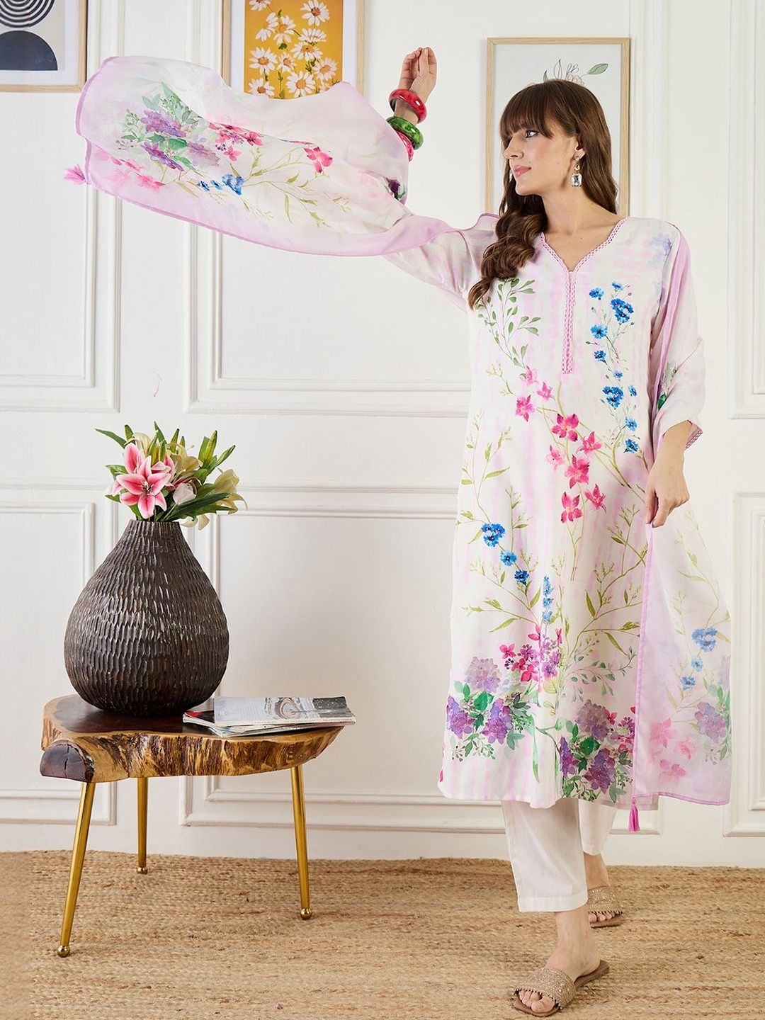 Women Floral Printed Linen Kurta with Trousers & Dupatta