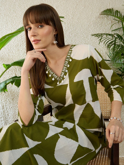 Dhiyona IE Printed V-Neck Pure Cotton Top With Trousers