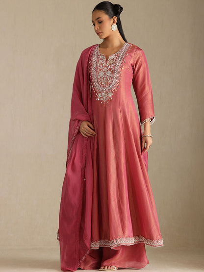 Dhiyona SO Women's Floral Yoke Design Beads and Stones Panelled Anarkali Kurta With Palazzos & Dupatta