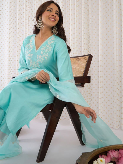Women Ethnic Motifs Embroidered Regular Thread Work Liva Kurta with Trousers & With Dupatta