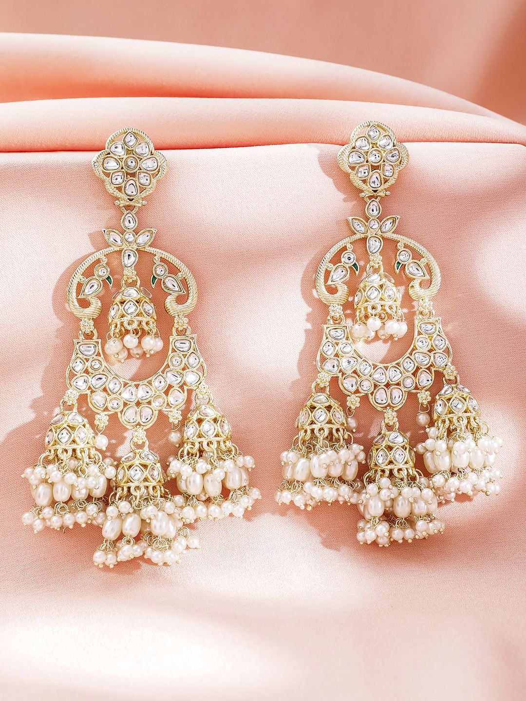 Dhiyona RJ Women's 22K Gold-Plated Kundan & Pearl Studded Oversized Dangle Jhumka Earrings