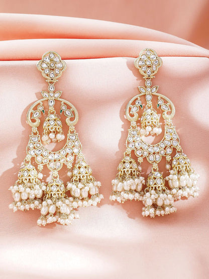 Dhiyona RJ Women's 22K Gold-Plated Kundan & Pearl Studded Oversized Dangle Jhumka Earrings
