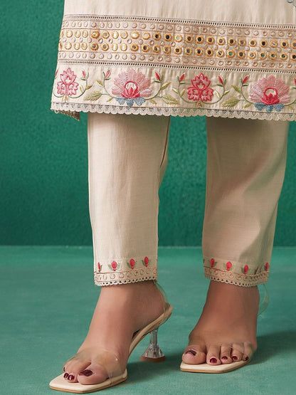 Women Floral Embroidered Regular Mirror Work Kurta with Trousers & With Dupatta