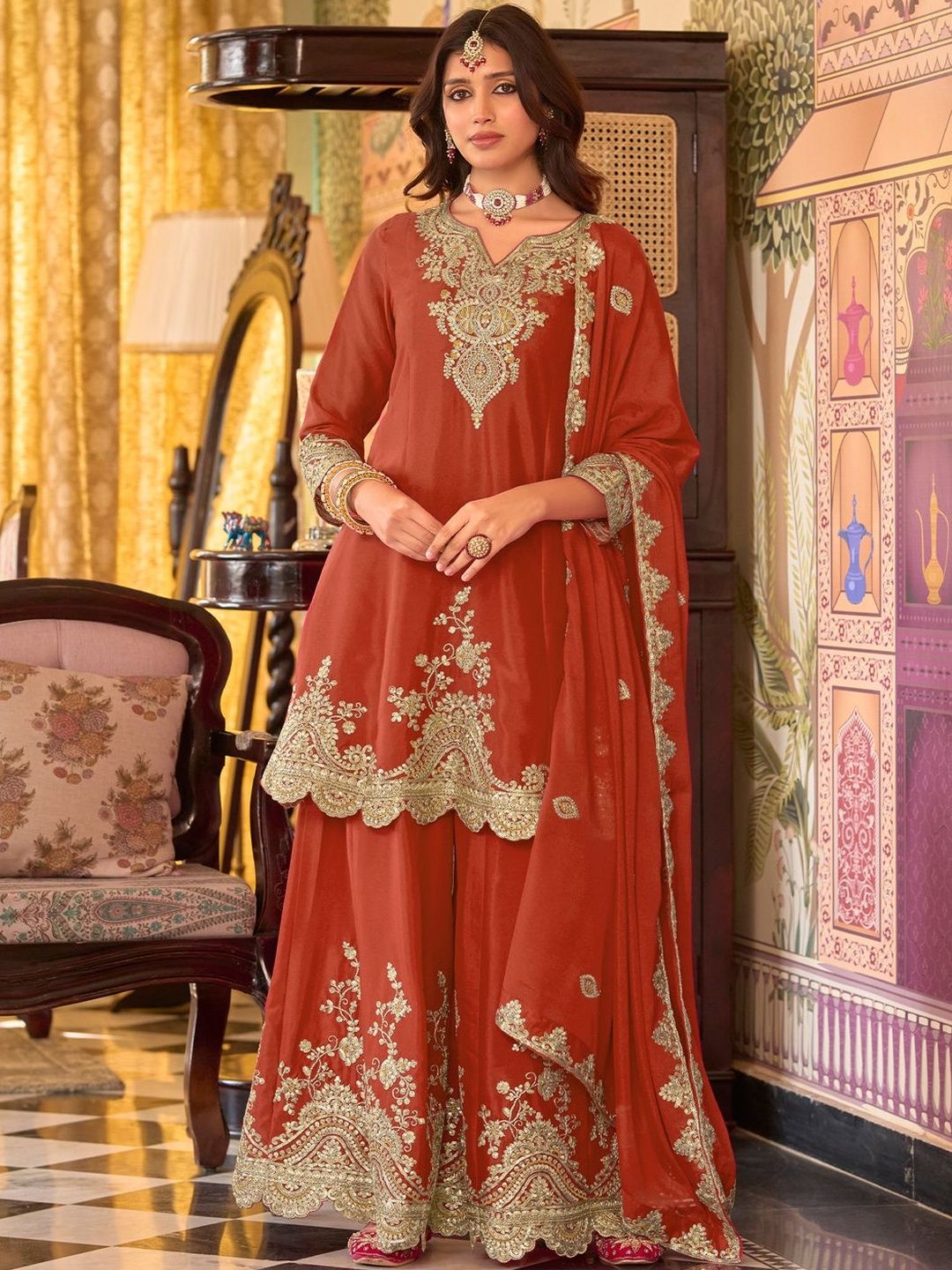 Dhiyona IE Women Ethnic Motifs Embroidered A-Line Kurta with Sharara & Dupatta