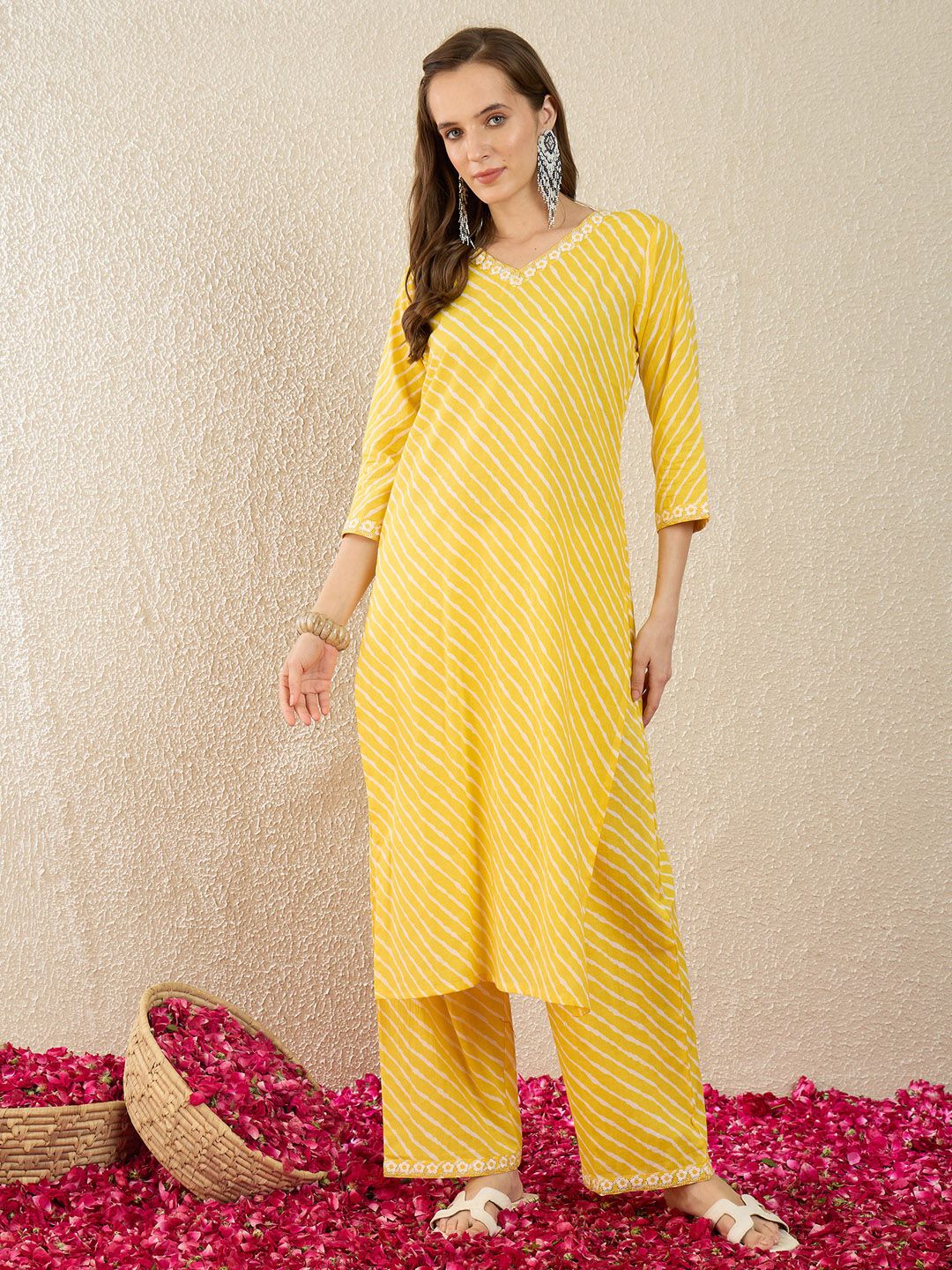 Dhiyona IE Printed V-Neck Three-Quarter Sleeves Pure Cotton Tunic And Trousers