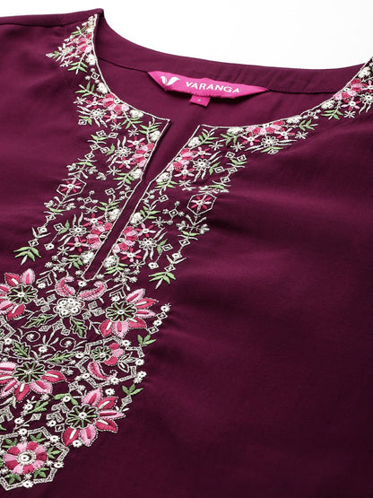 Dhiyona VA Women'sPurple Floral Embroidered Regular Sequinned Kurta With Trouser With Dupatta