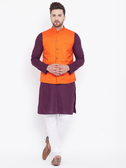 Men's Purple Cotton Blend Straight Jacket  Kurta and Pyjama Set