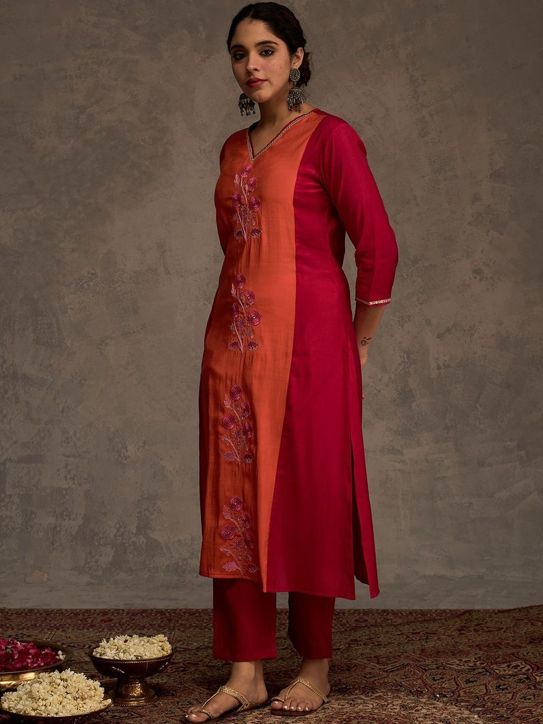 Women Floral Embroidered Anarkali Kurta with Trousers
