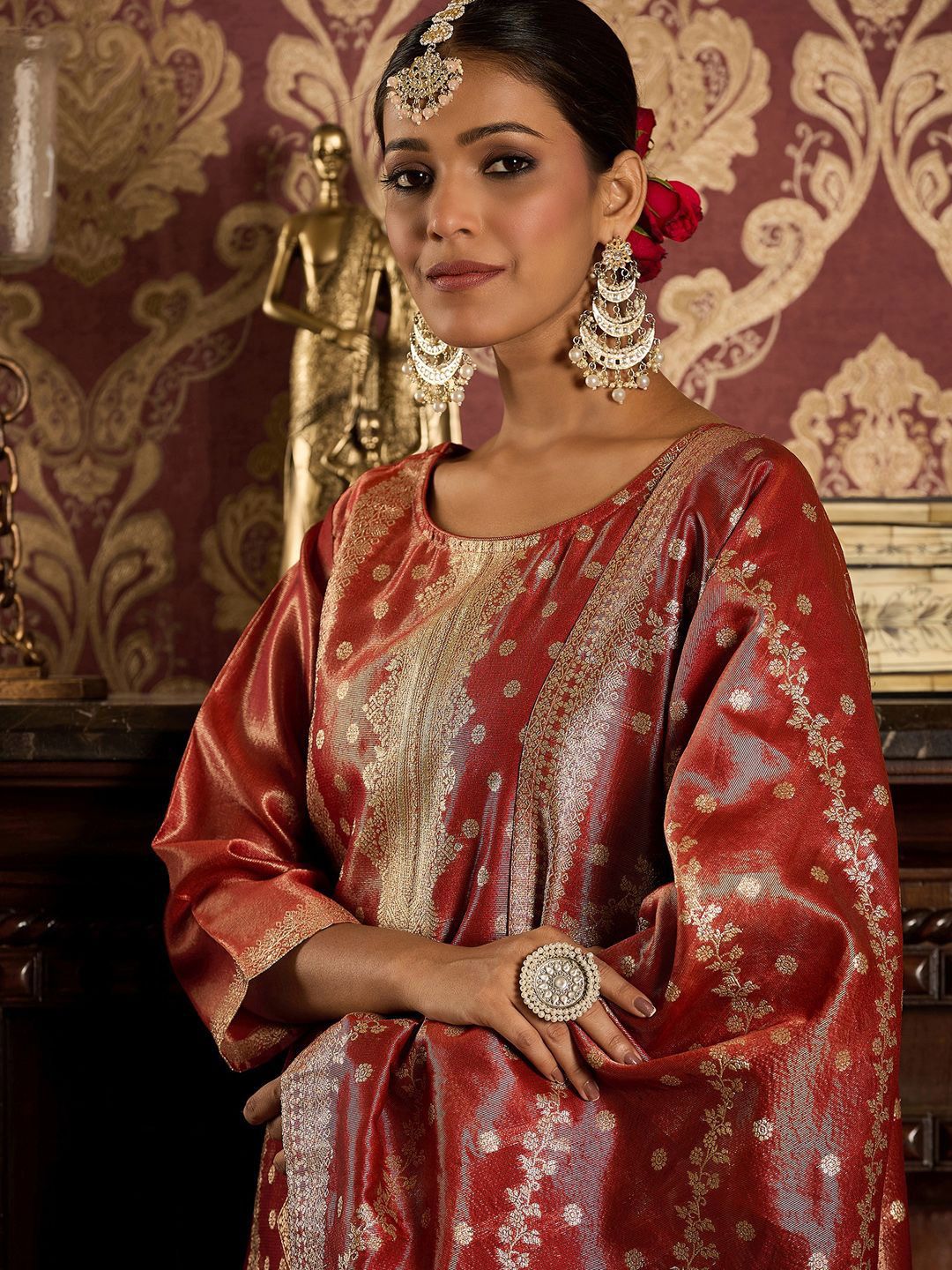 Dhiyona IE Ethnic Motifs Woven Design Zari Straight Kurta With Trousers & Dupatta
