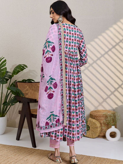 Women Floral Printed Empire Pure Cotton Kurta with Trousers & With Dupatta