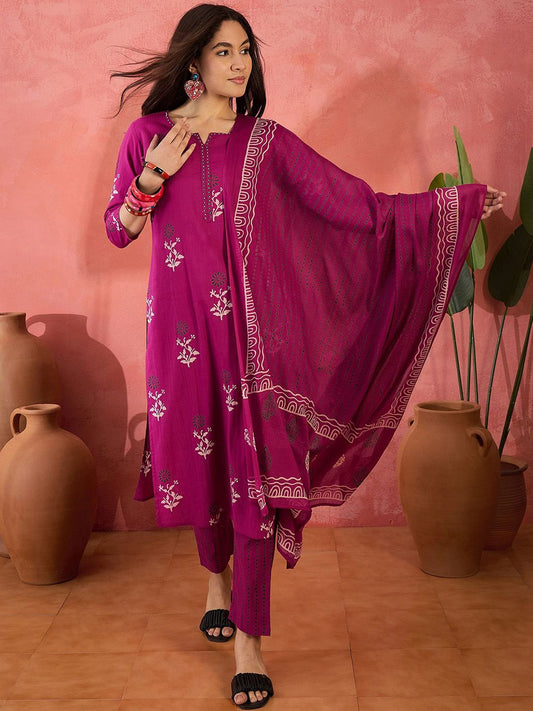 Dhiyona SN Women's Floral Printed Pure Cotton Kurta & Trousers With Dupatta