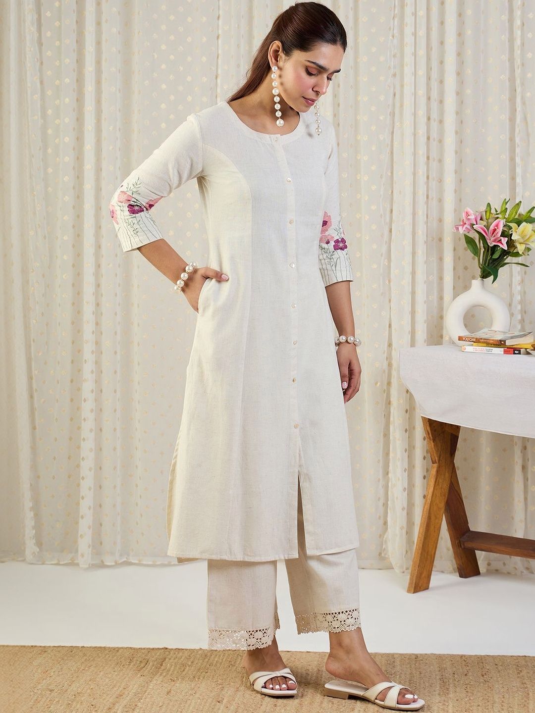 Floral Embroidered Round Neck A-Line Thread Work Kurta With Palazzos
