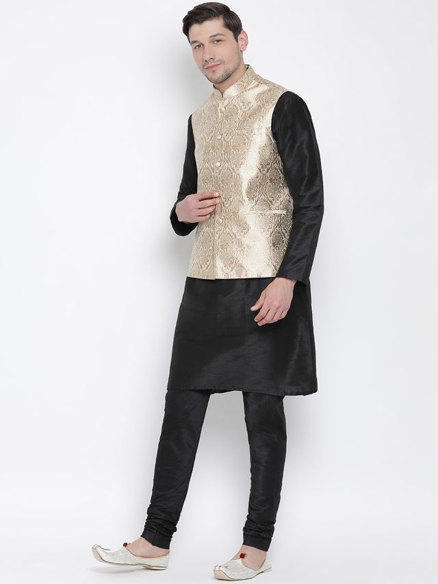 Men's Black Silk Blend Straight Jacket  Kurta and Pyjama Set