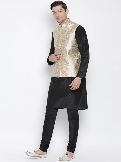 Men's Black Silk Blend Straight Jacket  Kurta and Pyjama Set