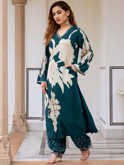 Floral Printed Sequinned A-Line Kurta With Salwar