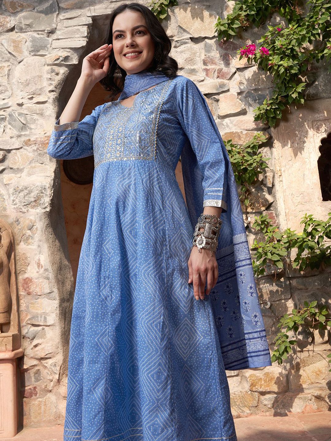 Dhiyona SN Women's Blue Bandhani Printed V Neck Pure Cotton Anarkali Kurta With Trouser And Dupatta