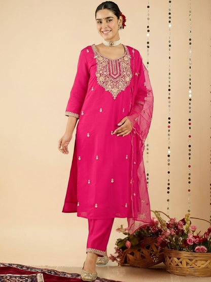 Women Ethnic Motifs Embroidered Regular Thread Work Kurta with Trousers & With Dupatta