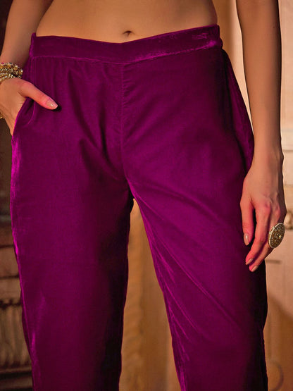 Dhiyona CH Women Ethnic Motifs Embroidered Regular Thread Work Velvet Kurta with Trousers & With Dupatta