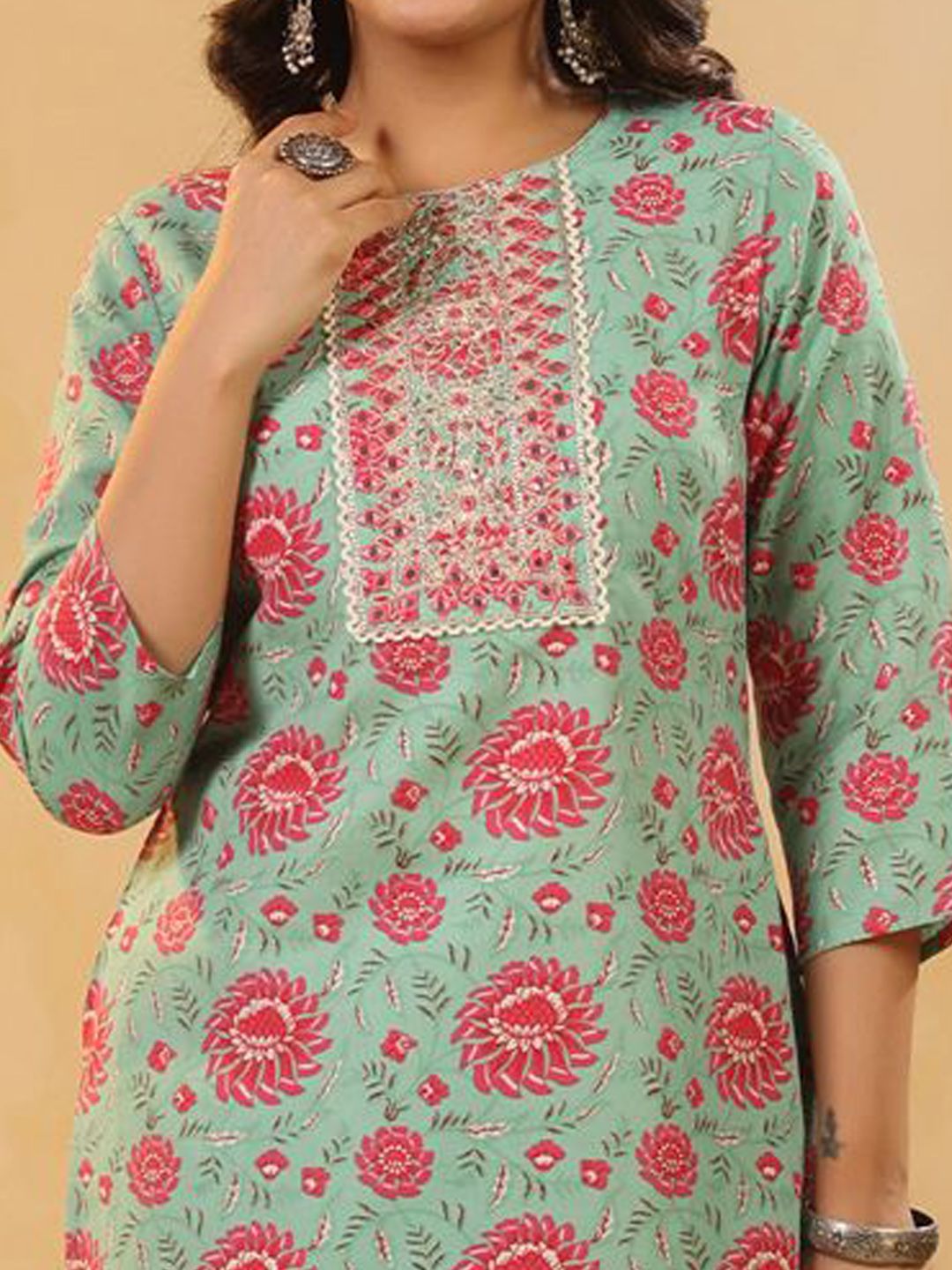 Floral Printed Mirror Work Straight Kurta With Trousers & Dupatta