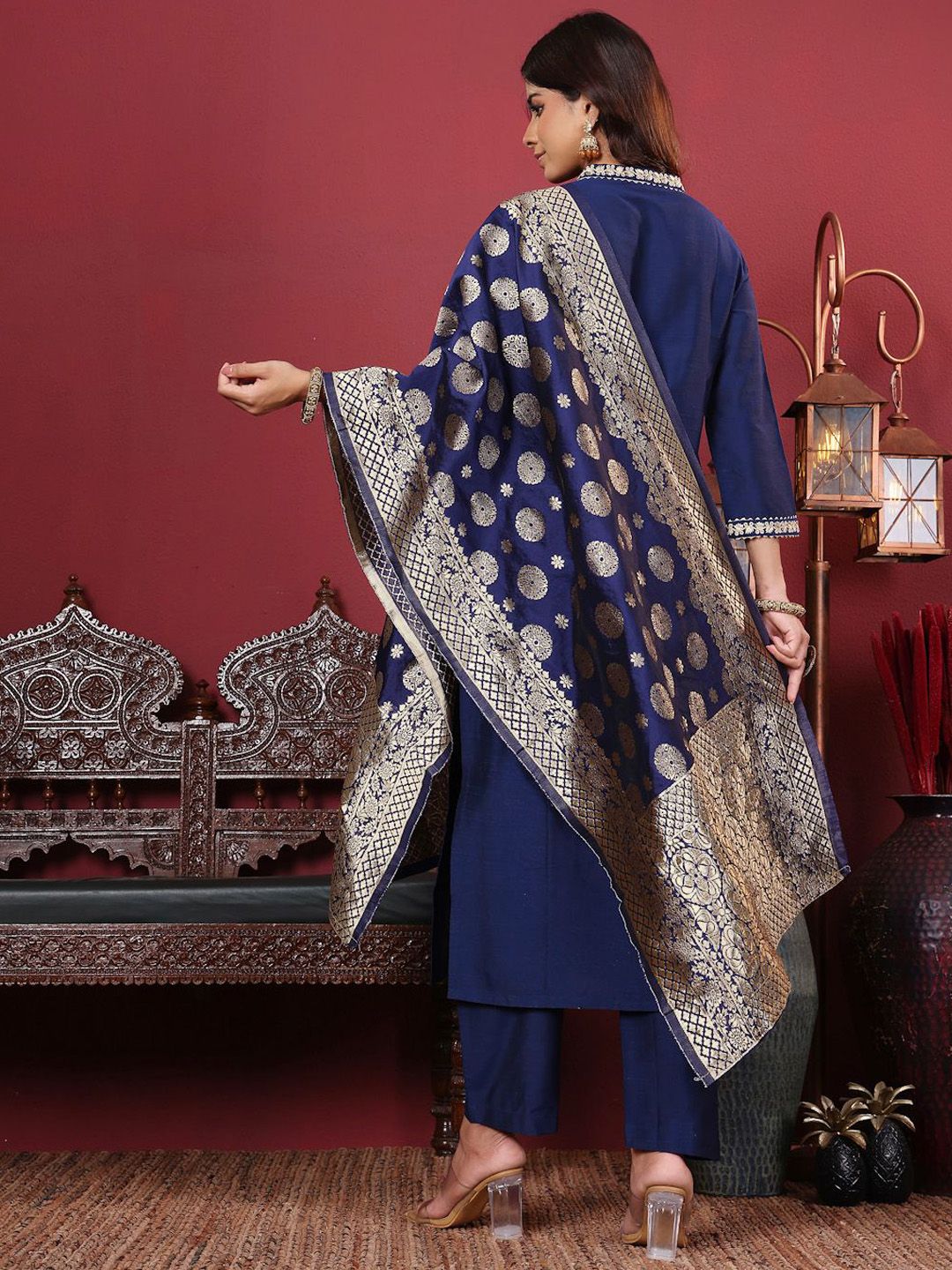 Dhiyona VA Women's Floral Zari Embroidered Neck Kurta with Trousers and Woven Brocade Dupatta